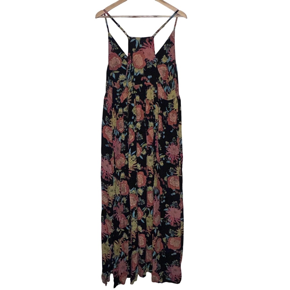Natural Life Black Floral Boho Maxi Dress Women's XL Strappy V-Neck - Picture 4 of 5